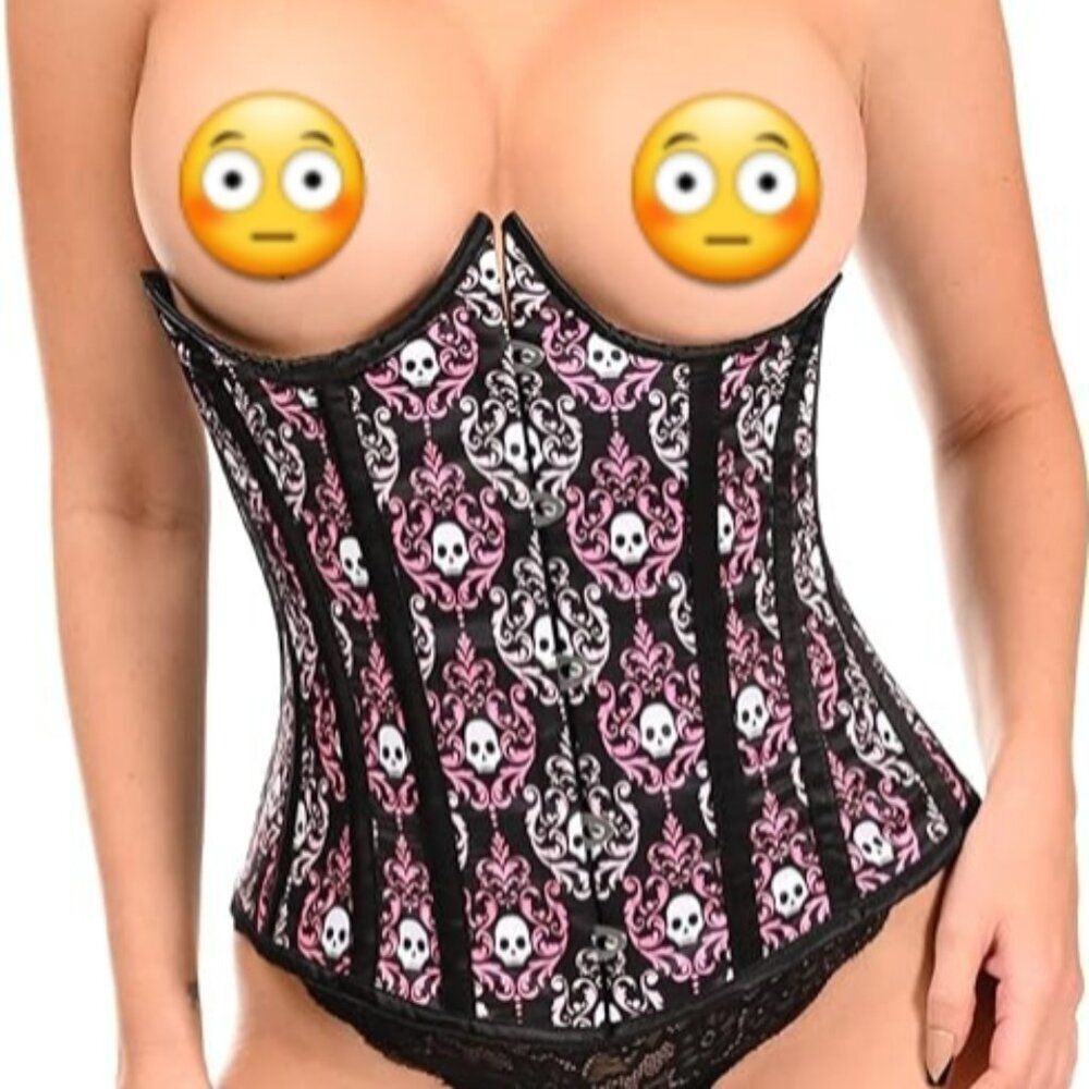 XL 31"-34" Lavish underbust corset black pink white satin skulls corset busk